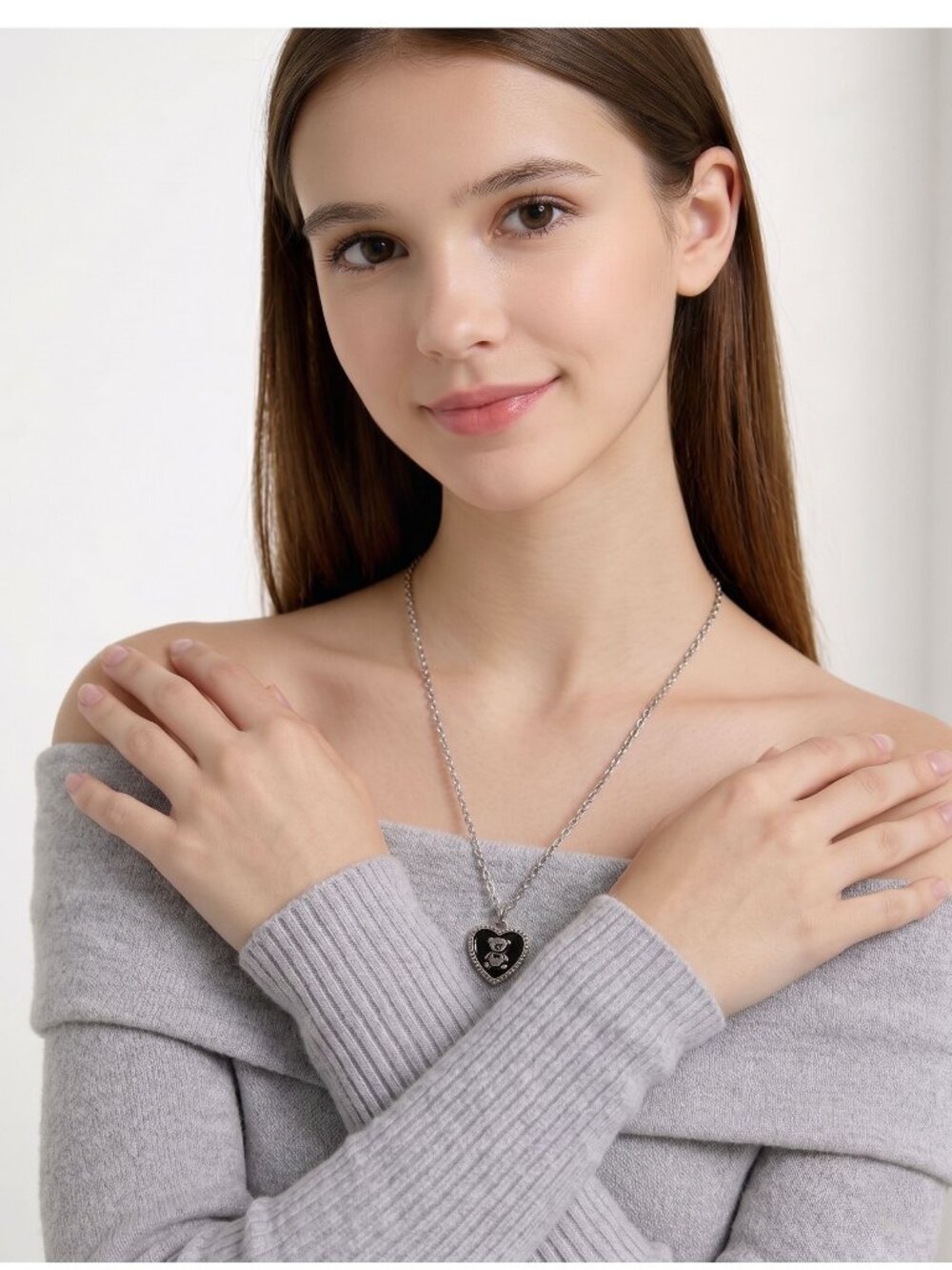 Charming Teddy Bear Heart Pendant Necklace  – Silver Tone with Black Enamel